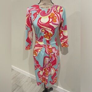 J. McLaughlin Blue and Pink Sheath Dress 3/4 Sleeve Crew Neck